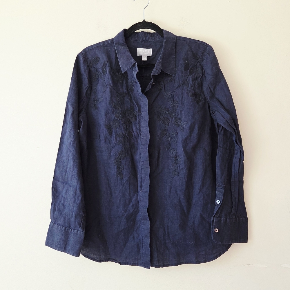 Pure Collection Linen Embroidered Button Down Blouse Shirt navy size 14 16